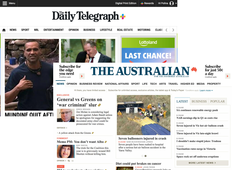 Redesigned home pages of The Daily Telegraph and The Australian