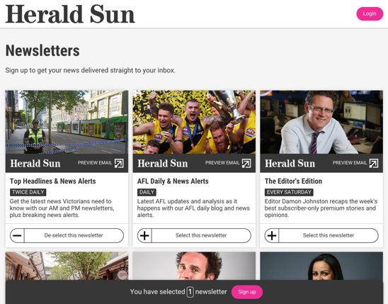 Herald Sun newsletter sign up screen